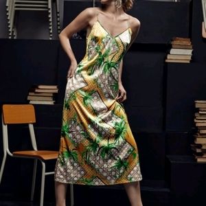 NWT FAYE CHAN Geo & Plant Print Tassel Lace Up Back Split Thigh Satin Cami Dress